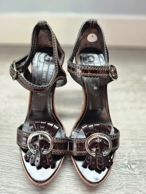 Céline Dark Brown Patent Leather Kiltie Buckle Sandal Heels Sz 7.5 Eu 37.5